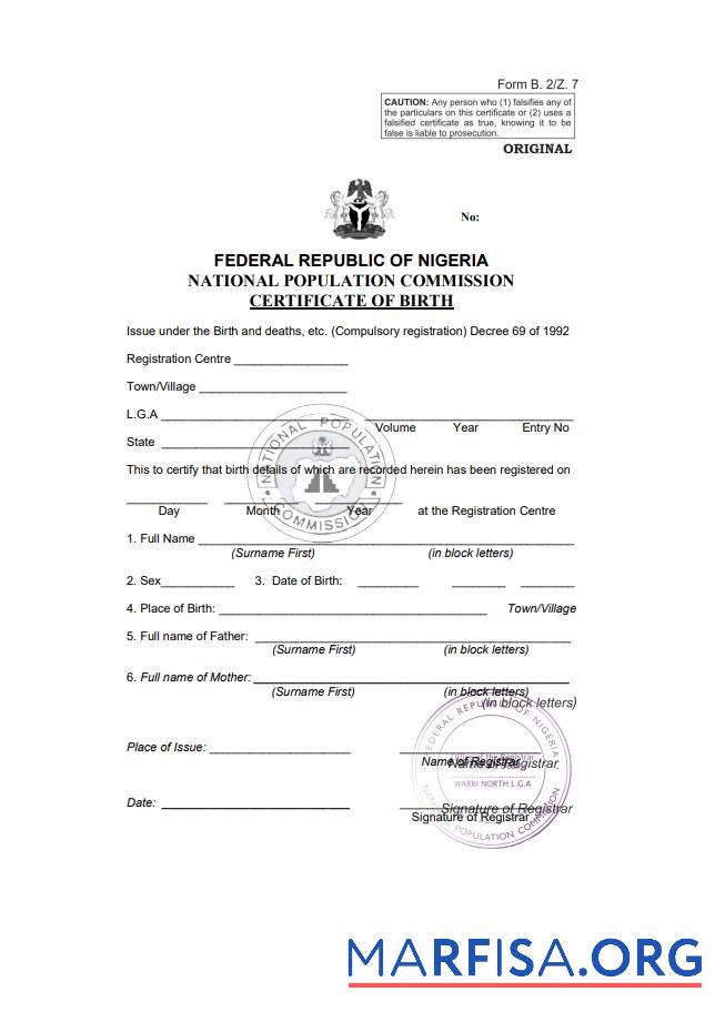 Downloadable Nigeria birth certificate template in Word and PDF format